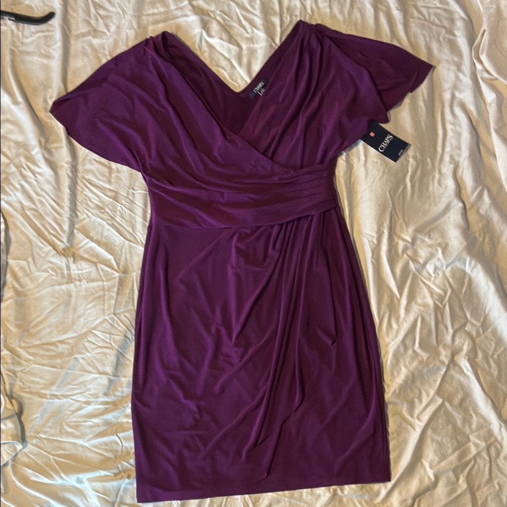 Chaps Purple Asymmetrical Sheath Dress with Flutter Sleeves
